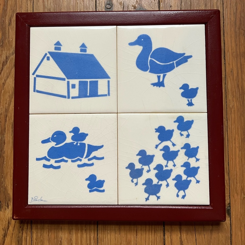 Vintage Rocky Marsh Pottery country French Trivet Blue and White Duck